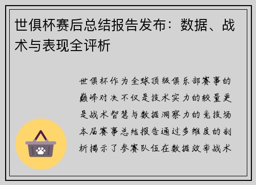 世俱杯赛后总结报告发布：数据、战术与表现全评析